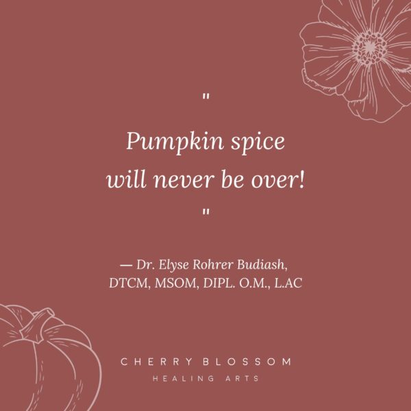 Pumpkin spice will never be over! Quote - Pumpkin spice will never be over! against branded background for Cherry Blossom Healing Arts